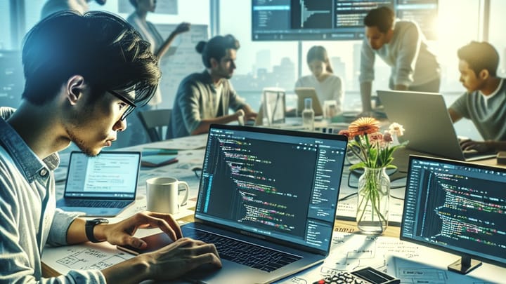 Web application developers in a modern office space