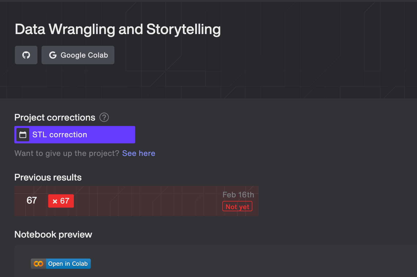 Turing College platform interface: project correction