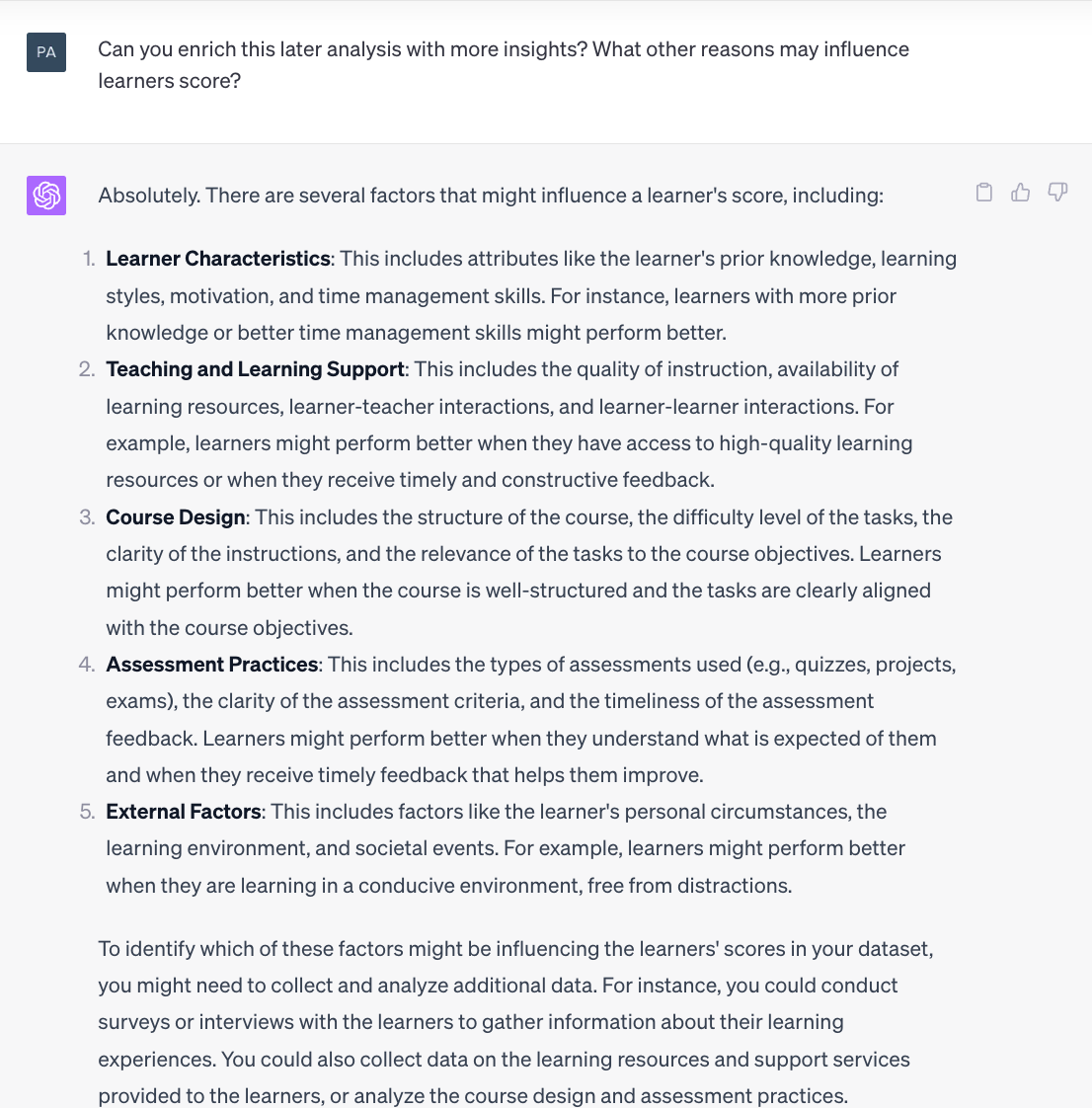 ChatGPT's insights into the factors influencing learners' scores