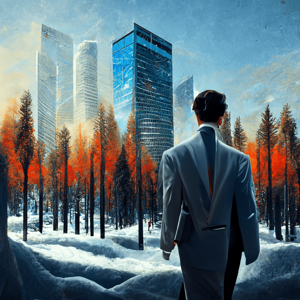 AI-generated image of a man in a wintry forest with high-rise buildings