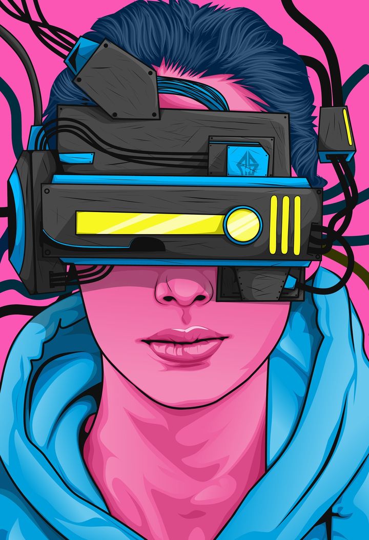 Pink-skinned person with virtual reality device covering their eyes