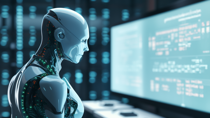 Humanoid robot looking at data