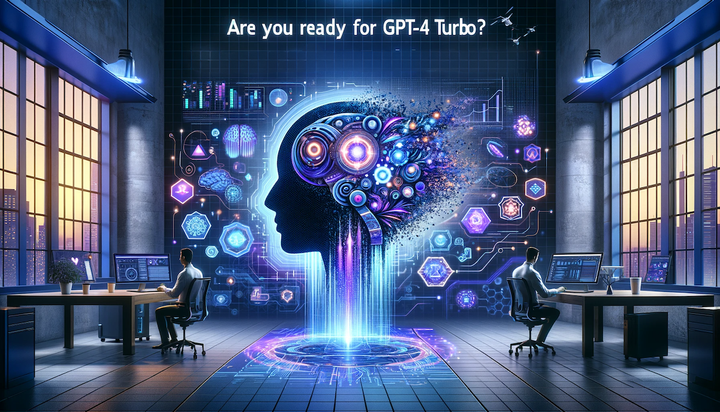 Men work in a futuristic setting with a human profile representing GPT-4 Turbo