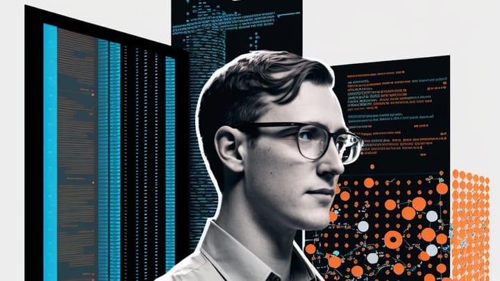 AI-generated image of a data analyst next to data servers