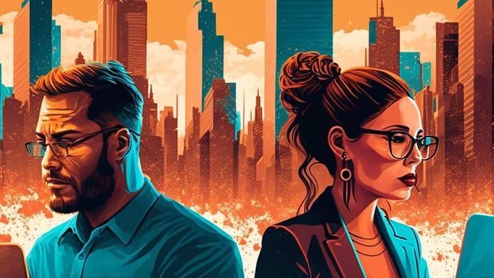 Two office workers with a cityscape in the background