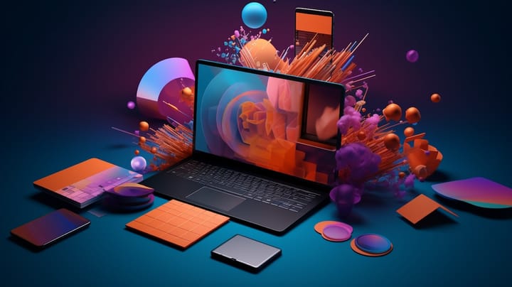 Colorful composition with devices, stationery, and bursting balls of paint