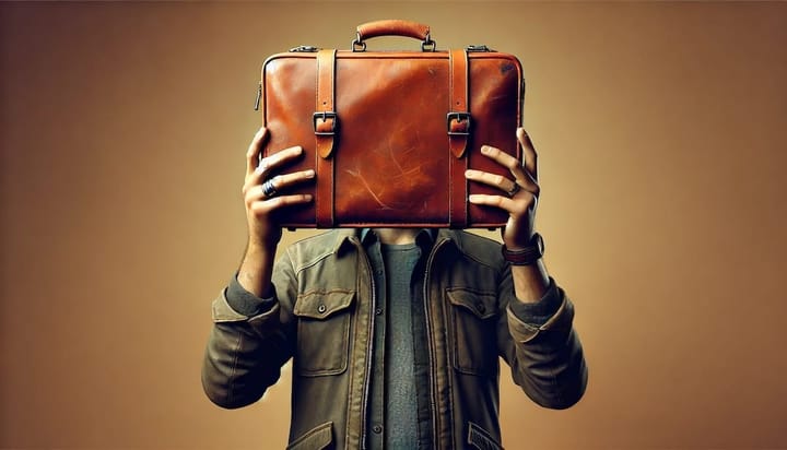 A man holding up an old, worn leather briefcase in front of their face