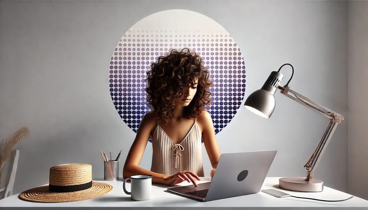 A woman working on a laptop with a circular pattern behind her