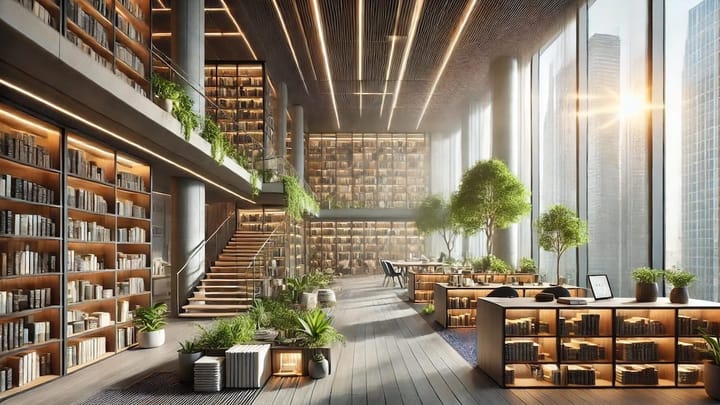 Modern urban library full of natural light and plants