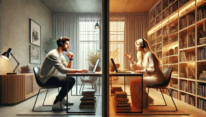 Protege effect. Split-screen image of a man and woman wearing headphones, talking online from separate rooms.