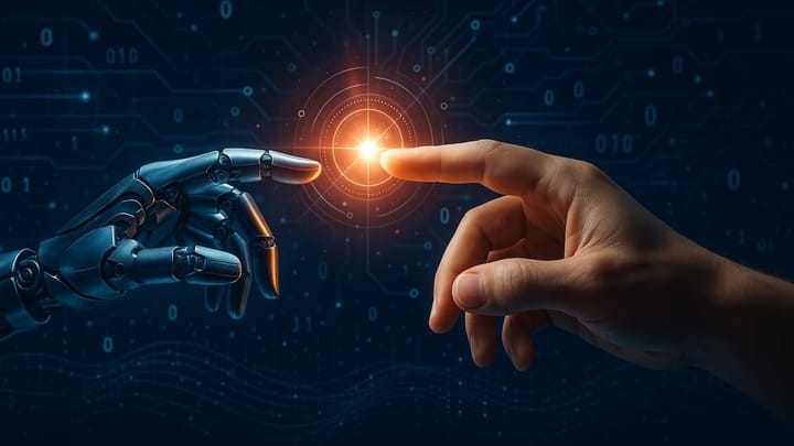 A robotic hand reaches out to a human hand in parallel to Michelangelo’s “Creation of Adam.”
